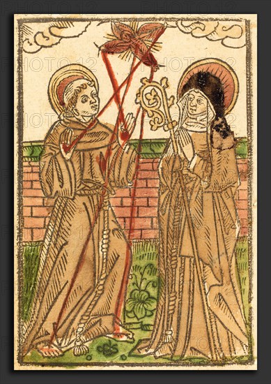 German 15th Century, Saint Francis and Saint Clara, c. 1480, woodcut, hand-colored in brown, rose, green, black, and yellow