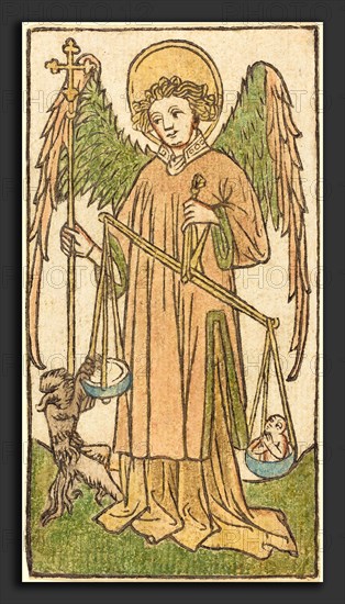 German 15th Century, Saint Michael, c. 1430-1440, woodcut, hand-colored in olive green, rose, yellow, tan, gray, and blue