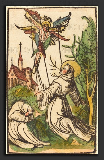 German 15th Century, Saint Francis Receiving the Stigmata, 1500-1510, woodcut, hand-colored in green, yellow, indian red, and blue