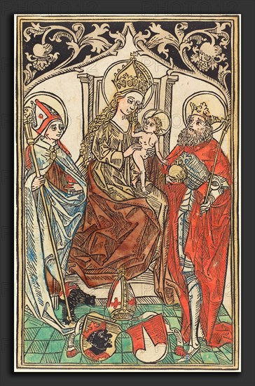 German 15th Century, The Madonna and Child Enthroned, with Saints Corbinian and Sigismund, 1492, woodcut, hand-colored in red lake, red-orange, green, blue, and yellow on laid paper