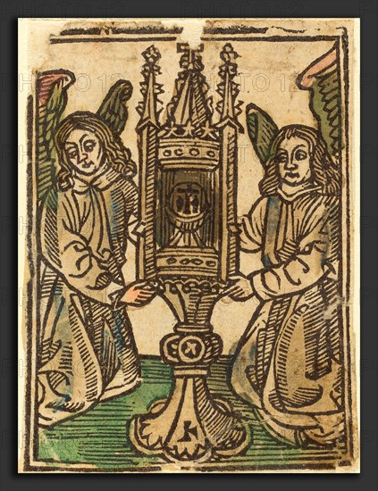 German 15th Century, A Monstrance Held by Two Angels, 1495-1500, woodcut, hand-colored in green, brown, rose, and olive