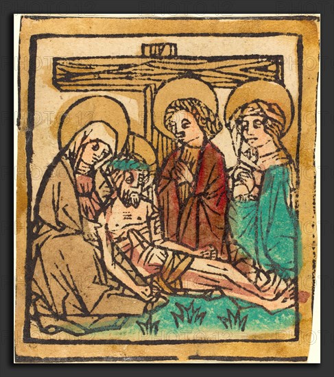 German 15th Century, The Lamentation, c. 1460, woodcut, hand-colored in red lake, green, tan, and ochre