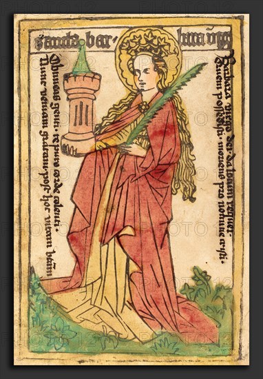 German 15th Century, Saint Barbara, 1440-1460, woodcut, hand-colored in red lake, yellow, green, and rose