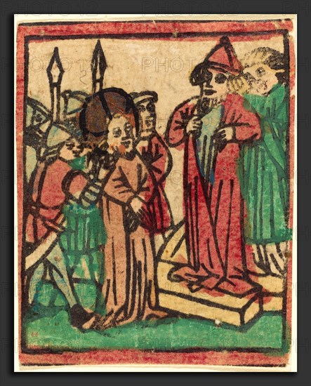 German 15th Century, Caiaphas Tearing his Clothes, probably 1449, woodcut, hand-colored in red lake, dark green, yellow, gray-blue, and gold