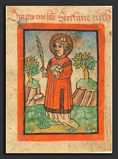 German 15th Century, Saint Stephen, 1450-1470, woodcut, hand-colored in orange, green, blue and brown