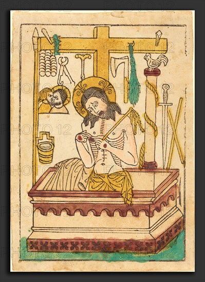 German 15th Century, Christ as the Man of Sorrows, 1430-1440, woodcut, hand-colored in red lake, yellow ochre, tan, and green