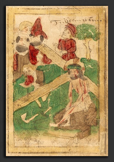 German 15th Century, The Preparation for the Crucifixion, c. 1470, woodcut in brown, hand-colored in red lake, green, brown, and yellow