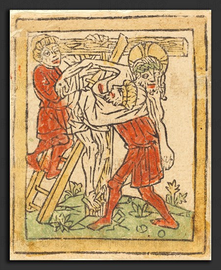 German 15th Century, The Deposition, c. 1475, woodcut, hand-colored in orange-red, yellow, and green