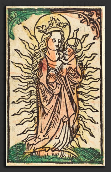 German 15th Century, Madonna and Child in a Glory Standing on a Crescent Moon, 1470-1480, woodcut, hand-colored in rose, green, yellow