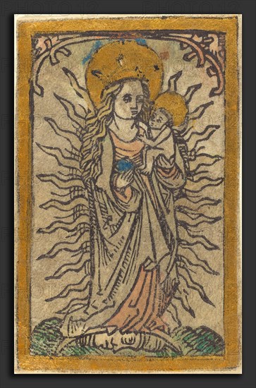 German 15th Century, Madonna and Child in a Glory Standing on a Crescent Moon, 1470-1480, woodcut, hand-colored in peach, blue, gray, green, and gold on vellum