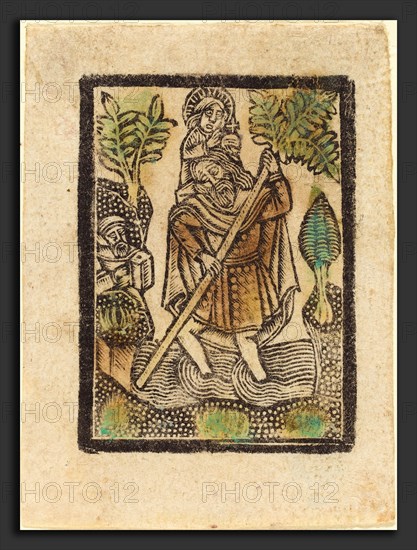 Workshop of Master of the Aachen Madonna, Saint Christopher, 1470-1480, metalcut, hand-colored in green and ochre