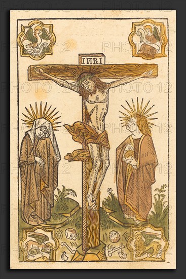 German 15th Century, Christ on the Cross, c. 1485, woodcut, hand-colored in brown, tan, ochre, olive, and red