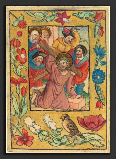German 15th Century, Christ Bearing the Cross, c. 1500, woodcut, hand-colored in mauve, red, blue, green, ochre, yellow, black, white, and gold, on vellum