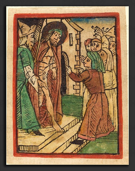 German 15th Century, Ecce Homo, c. 1480-1490, woodcut, hand-colored in green, brown, lt. yellow, blue, red, and gold