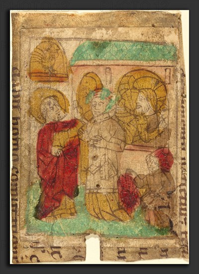 German 15th Century, The Denial of Peter, c. 1455-1465, woodcut in brown, hand-colored in red lake, green, brown, and ochre