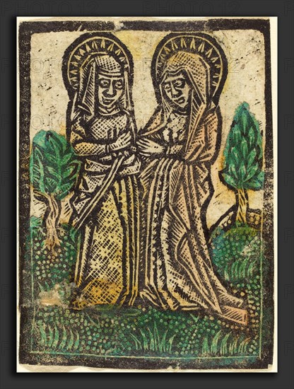 Workshop of Master of the Aachen Madonna, The Visitation, 1460-1480, metalcut, hand-colored in green, red lake, and yellow