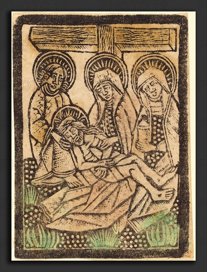 Workshop of Master of the Aachen Madonna, The Pietà , 1470-1480, metalcut, hand-colored in green, light rose, and yellow