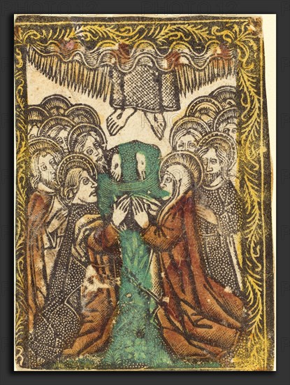 Workshop of Master of the Borders with the Four Fathers of the Church, The Ascension, 1460-1480, metalcut, hand-colored in yellow, red-brown lake, and green