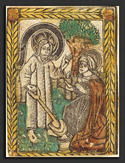 Workshop of Master of the Borders with the Four Fathers of the Church, Christ Appearing to the Magdalene as a Gardner, 1460-1480, metalcut, hand-colored in yellow, red-brown lake, and green
