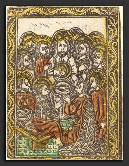 Workshop of Master of the Borders with the Four Fathers of the Church, The Last Supper, 1460-1480, metalcut, hand-colored in yellow, red-brown lake, and green