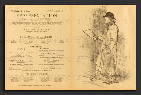 Henri de Toulouse-Lautrec (French, 1864 - 1901), Mariage d'argent; Le Fardeau de la liberté; Un Client sérieux [recto], 1897, lithograph in black on light brown wove paper
