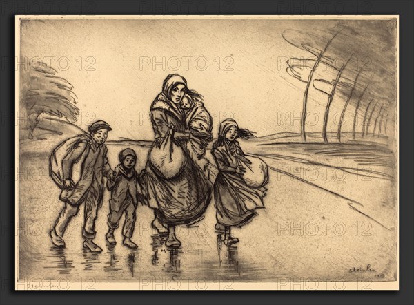 Théophile Alexandre Steinlen, In the Rain: Mother and Children (Sous la pluie: La mere et les enfants), Swiss, 1859 - 1923, 1915, etching and aquatint