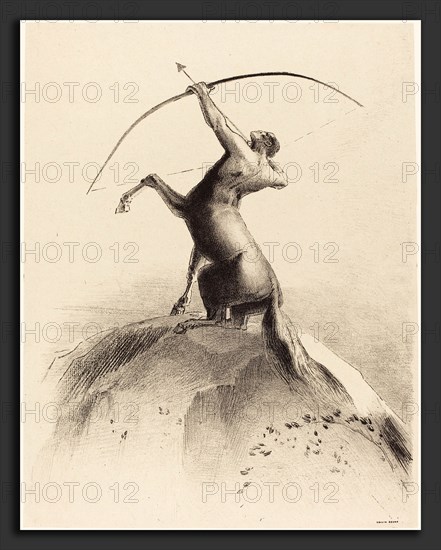 Odilon Redon (French, 1840 - 1916), Centaur visant les Nues (Centaur aiming at the Clouds), 1895, lithograph on chine appliqué