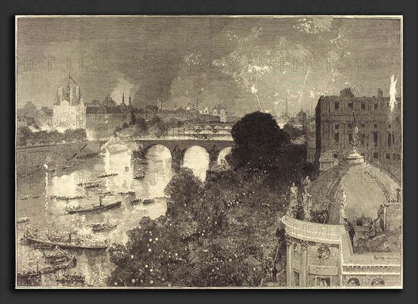 Auguste LepÃ¨re (French, 1849 - 1918), Le 14 Juillet.  Illumination de la Seine du Pont Neuf au Pont au Change, 1882, wood engraving
