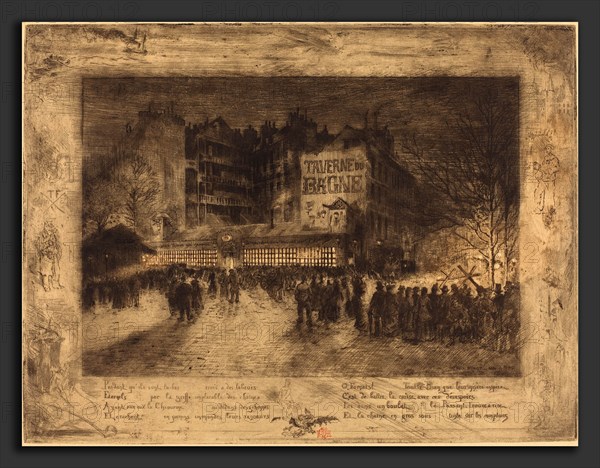 Félix-Hilaire Buhot (French, 1847 - 1898), La Place des Martyrs et La Taverne du Bagne (The Place des Martyrs and the Jailhouse Tavern), 1885, etching, aquatint, lift-ground aquatint, drypoint, roulette, and burnishing in brown-black