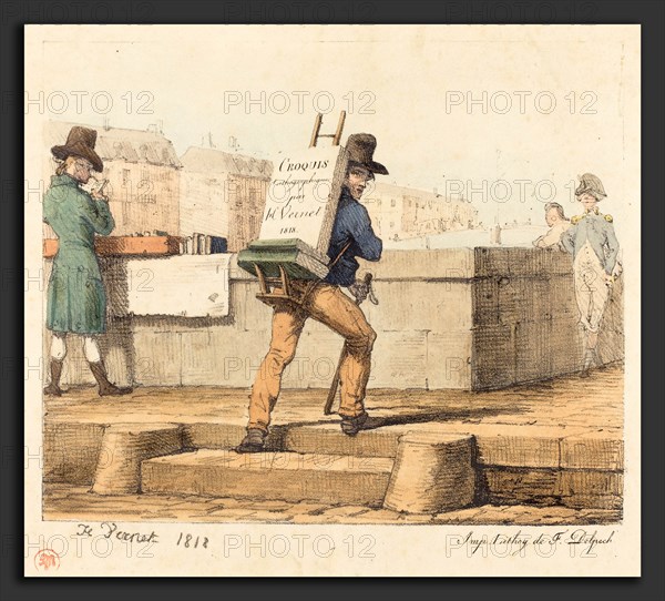 Horace Vernet (French, 1789 - 1863), Artist Carrying Easel with a Lithographic Stone, 1818, lithograph hand-colored with watercolor
