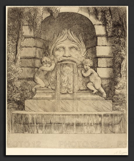 Alphonse Legros, Fountain: Grotesque, Children and Basin (Une fountaine: Masque, enfants et bassin), French, 1837 - 1911, etching