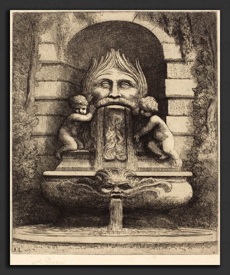 Alphonse Legros, Fountain: Grotesque, Children and Basin (Une fountaine: Masque, enfants et bassin), French, 1837 - 1911, etching