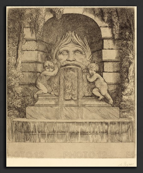 Alphonse Legros, Fountain: Grotesque, Children and Basin (Une fountaine: Masque, enfants et bassin), French, 1837 - 1911, etching