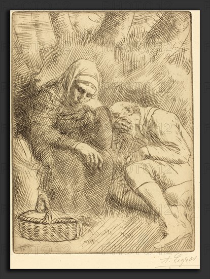 Alphonse Legros, Man and Wife Seated by the Road with a Basket(Homme et femme assis au bord de la rou te aven un panier), French, 1837 - 1911, etching
