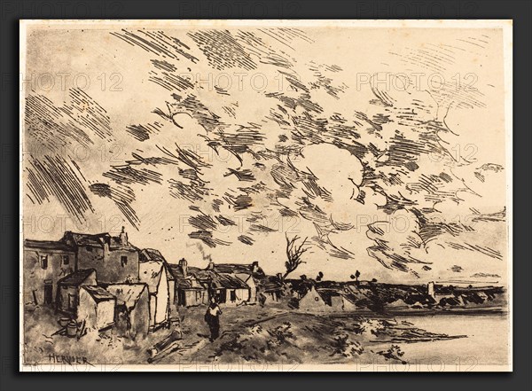 Adolphe Hervier (French, 1818 - 1879), Village sur le bord d'une Riviere, 1875, etching with roulette work on chine collé