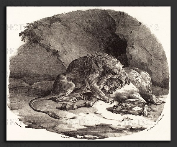Théodore Gericault (French, 1791 - 1824), Horse Devoured by a Lion (Cheval devore par un lion), 1823, lithograph on papier mince