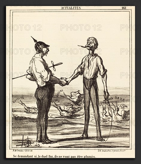 Honoré Daumier (French, 1808 - 1879), Se demandant si, le duel fini, ils ne vont pas etre plumes, 1866, lithograph on newsprint