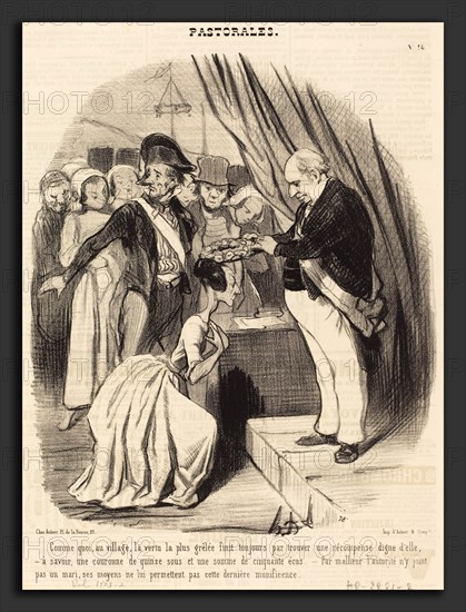Honoré Daumier (French, 1808 - 1879), Comme quoi, au village, la vertu la plus grÃªlée, 1845, lithograph on newsprint