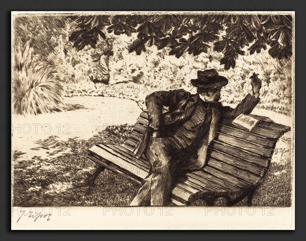 James Jacques Joseph Tissot (French, 1836 - 1902), Denoisel Reading in the Garden, 1882, etching on wove paper