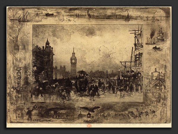 Félix-Hilaire Buhot (French, 1847 - 1898), Westminster Bridge, 1884, etching, drypoint, roulette, aquatint, and spit-bite etching onlaid paper