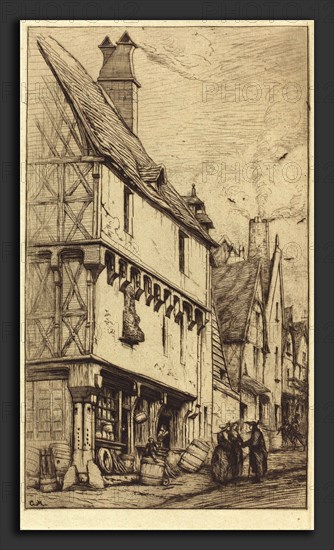 Charles Meryon (French, 1821 - 1868), Ancienne habitation Ã  Bourges, dite "La Maison du Musicien" (An Old House at Bourges, Sometimes Called the "Musician's House"), 1860, etching with drypoint on green paper