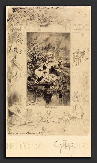 Félix-Hilaire Buhot (French, 1847 - 1898), Title Page for "Lettres de Mon Moulin", c. 1885, etching, drypoint, aquatint (dust ground and spirit ground), spit bite, and roulette in black on Japanese paper