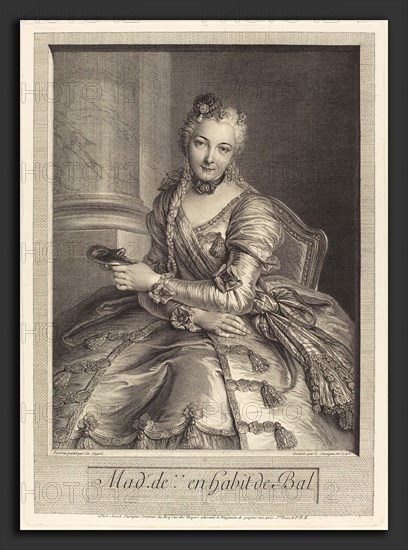 Pierre Louis de Surugue after Charles-Antoine Coypel (French, 1710 or 1716 - 1772), Mme. de M en habit de bal, 1746, etching and engraving