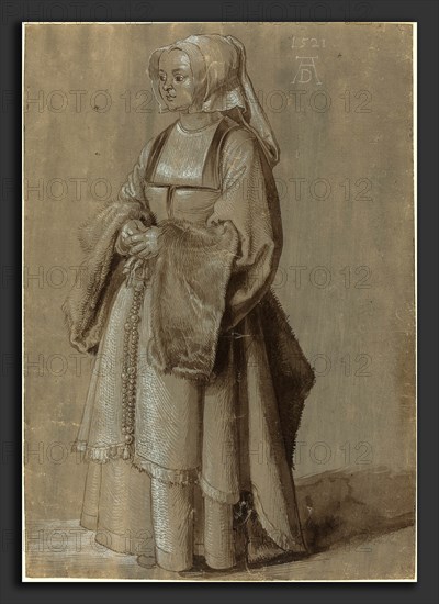 Albrecht DÃ¼rer (German, 1471 - 1528), Young Woman in Netherlandish Dress, 1521, brush and brown and white ink on gray-violet prepared paper
