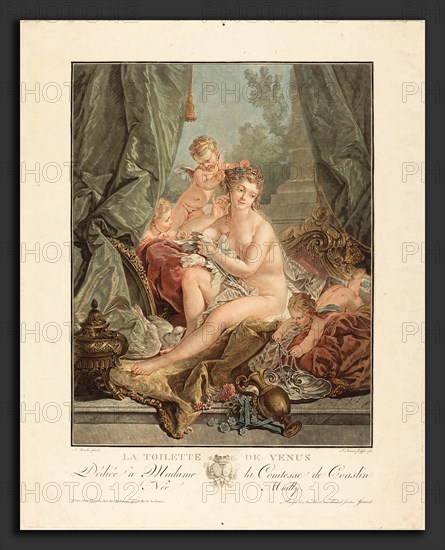 Jean-FranÃ§ois Janinet after FranÃ§ois Boucher (French, 1752 - 1814), La toilette de Venus, 1783, wash manner, printed in blue, red, carmine, yellow, and black inks