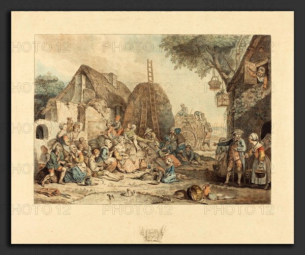 Jean-FranÃ§ois Janinet after Pierre Alexandre Wille (French, 1752 - 1814), Le repas des moissonneurs, 1774, color aquatint and etching with roulette work