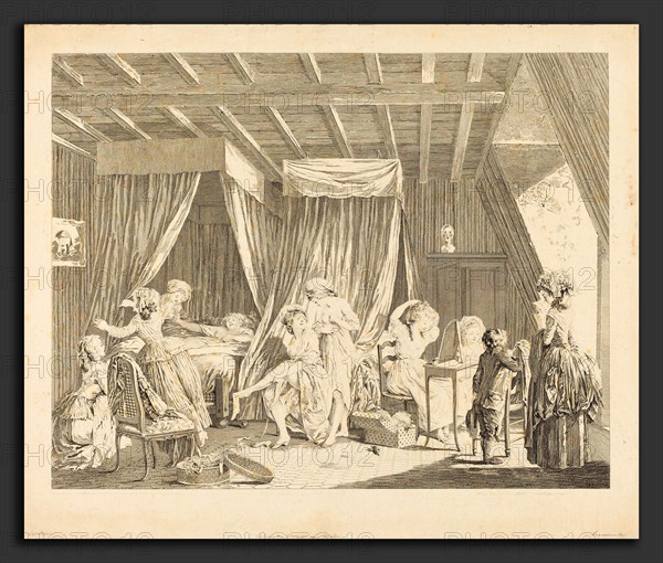 Francois-Nicolas-Barthelemy Dequevauviller after Nicolas Lavreince (French, 1745 - c. 1807), Le lever des ouvrieres en modes, 1784, etching