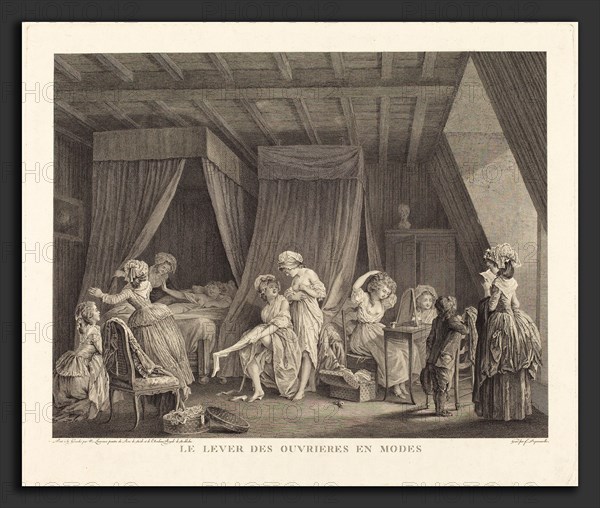 Francois-Nicolas-Barthelemy Dequevauviller after Nicolas Lavreince (French, 1745 - c. 1807), Le lever des ouvrieres en modes, 1784, etching and engraving