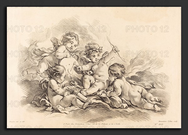 Gilles Demarteau, the Elder after FranÃ§ois Boucher (French, 1722 - 1776), Four Cherubs at Target Practice, chalk manner in black on laid paper