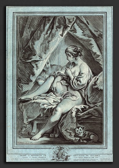 Louis-Marin Bonnet after FranÃ§ois Boucher (French, 1736 - 1793), Young Woman Seated on a Bed, 1767, chalk manner printed in black and white inks on blue paper